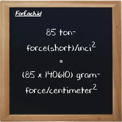 Cara konversi ton-force(short)/inci<sup>2</sup> ke gram-force/centimeter<sup>2</sup> (tf/in<sup>2</sup> ke gf/cm<sup>2</sup>): 85 ton-force(short)/inci<sup>2</sup> (tf/in<sup>2</sup>) setara dengan 85 dikalikan dengan 140610 gram-force/centimeter<sup>2</sup> (gf/cm<sup>2</sup>)
